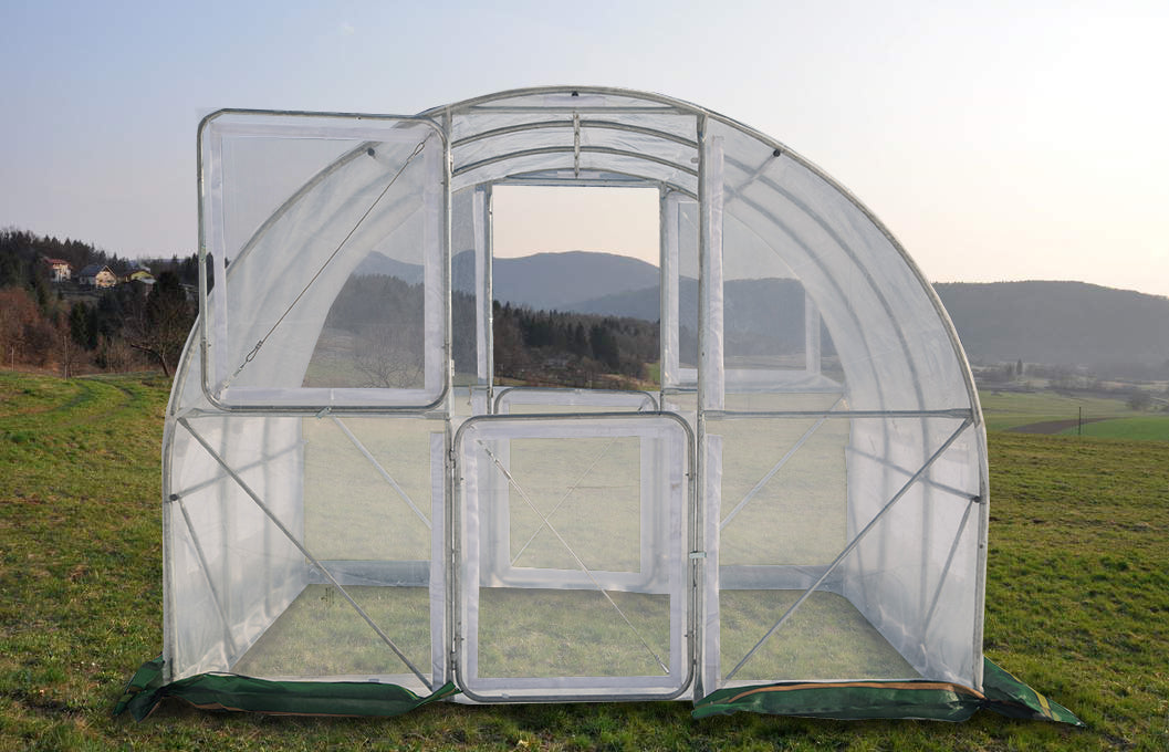 Rastlinjak Greenhouse dimenzij 4x3x2,3 m (12 m²) z jeklenim okvirjem in prozornimi stenami, zasnovan za zaščito rastlin in uspešno gojenje na manjših do srednje velikih površinah.